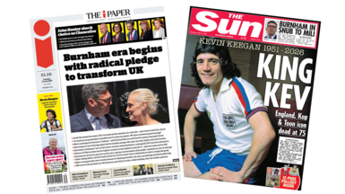 The headline on the front page of the i Paper reads: “Burnham era begins with radical pledge to transform UK”. The headline on the front page of the Sun reads: “King Kev”.