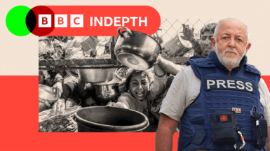 A treated image of displaced Palestinians queue for hot meals with a edited image of Jeremy Bowen on the side