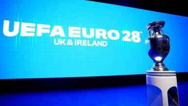 The Euro 2028 trophy, the Henri Delaunay Cup, is pictured ahead the launch event of the football tournament
