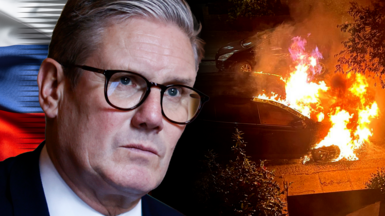 A composite image with a picture of Sir Keir Starmer on the left and on the right, a still from a video showing a car on fire, which was one of the arson attacks on property linked to him. Behind the image of Sir Keir is a Russian flag.