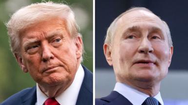 A composite image of Donald Trump on the left and Vladimir Putin on the right. Both men are wearing suits. 