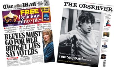 A composite image of the front pages of the Daily Mail and the Observer on 30 November 2025