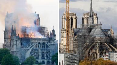 A before and after composite image shows the Notre Dame cathedral burning in April 2019, and on the right a view of the mostly-constructed spire and exterior of the cathedral in November 2024