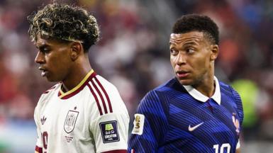 Lamine Yamal and Kylian Mbappe during Spain's 2-0 win over France in the World Cup semi-final