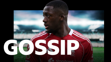 Head-and-shoulders image of Ibrahima Konate. He has short black hair and a goatee beard. He is wearing Liverpool's red home shirt. The word "Gossip" is imposed over the photograph.