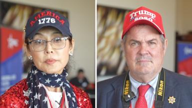 A split screen with a woman with blue hat on the left and a man with red hat on the right.