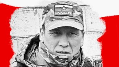 A composite image shows Vladimir Akeev in military fatigues and in the background is a cemetery with crosses and flowers