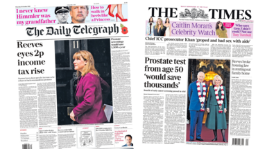 A composite image of The Daily Telegraph and The Times. The headline of the former reads "Reeves eyes 2p income tax rise" and the headline of the latter reads "Prostate test from age 50 'would save thousands'."