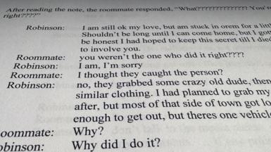 A charging document that shows the alleged text exchange between the suspect and his roomate