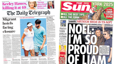 A composite image of the front pages of The Daily Telegraph and The Sun. "Migrant hotels facing closure" reads the headline of the former. "Noel: I'm so proud of Liam" reads the headline on the front page of the latter.
