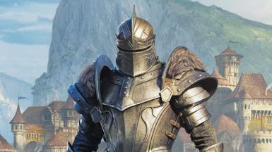 Detailed artwork depicts a knight in a full suit of armour standing in a heroic pose in front of a medieval town with a large cliff overlooking it.  