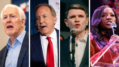 A composite image shows Texas politicians John Cornyn, Ken Paxton, James Talarico and Jasmine Crockett addressing their respective supporters