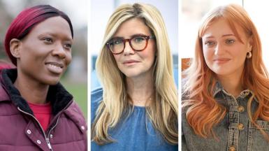 A composite image of three women who all have endometriosis: in the centre is the BBC's Emma Barnett, who has long blonde hair and wears tortoiseshell glaasses and a blue top. On the left, is Madalitso, a woman with a streak of pink in her hair, and a purple padded jacket over a fuchsia top. On the right is Chloe, who has red hair and wears a denim jacket. 