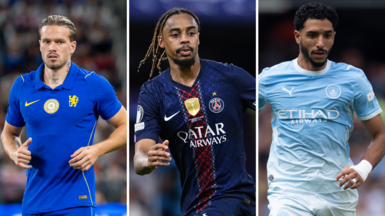 Split image showing Mykhailo Mudryk, Bradley Barcola and Omar Marmoush playing for Chelsea, Paris St-Germain and Manchester City, respectively