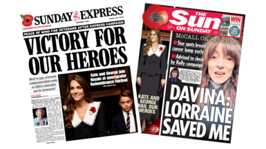The headline on the front page of the Express reads: “Victory for our heroes”. The headline on the front page of the Star reads: “Davina: My breast cancer battle”.