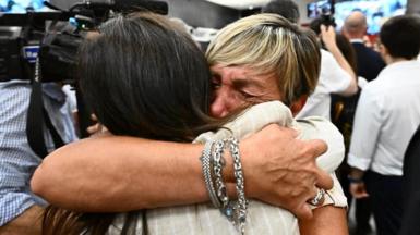 Relatives of the Morandi Bridge victims react after the first-instance verdict in the trial over the collapse of the bridge in Genoa, Italy, 16 July 2026