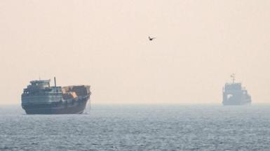 Vessels at the Strait of Hormuz, as seen from Musandam, Oman.