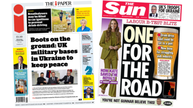 A composite image of the front pages of the i Paper and The Sun. The headline of the former reads "boots on the ground: UK military bases in Ukraine to keep peace" and the headline of the latter reads "one for the road".