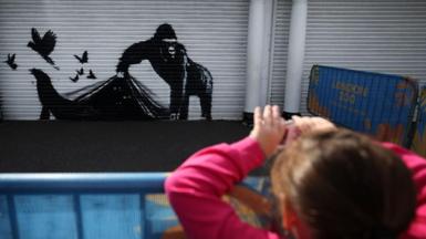 Someone photographs  Banksy's artwork showing a black gorilla on a silver metal shutter