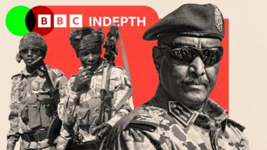 A treated image of two soldiers and a close up shot of Abdel Fattah Abdelrahman al-Burhan 