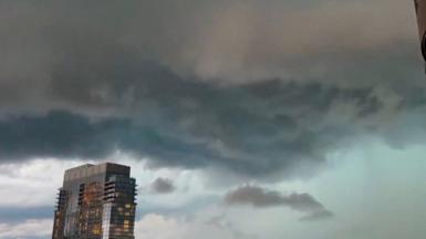 A storm system is seen moving into Minnesota.