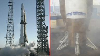 Splitscreen. Left, rocket takes off next to pylons. Right, the booster stage touches down on an ocean landing stage.