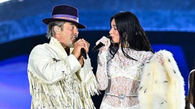 Jay Kay of Jamiroquai sings with Dua Lipa at Wembley Stadium