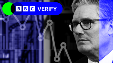A black and white photo of Keir Starmer wearing glasses, surrounded by chart graphics.