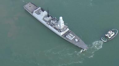 Aerial shot of HMS Dragon in Portsmouth harbour