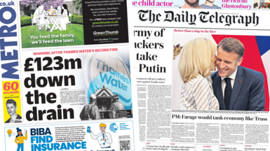 The headline on the front of Metro reads "£123m down the drain" and a photo of French President Emmanuel Macron being kissed by his wife Brigitte is captioned "better than a slap in the face" on the front page of The Daily Telegraph.