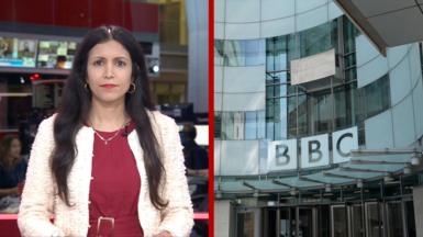 Two pictures side by side: Reporter Noor Nanji in the BBC studio on the left, and a close-up of the BBC building on the right