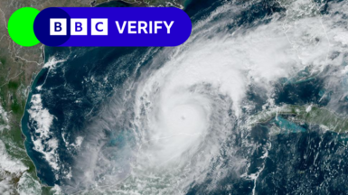 Satellite image of Hurricane Milton above the ocean, with 鶹Լ Verify label in the top left corner.