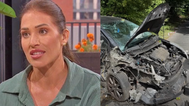 Rebecca Mason on the left and picture of car in collision on the right 