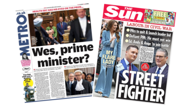 The headline on the front page of the Metro reads: “Wes, prime minister?”. The headline on the front page of the Sun reads: “Street fighter”.