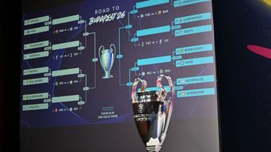 The Champions League trophy in front of the knockout draw