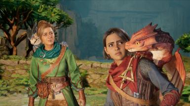 Screenshot shows two characters in medieval questing dress in a wooded clearing. A small dragon sits on each woman's shoulder. In the foreground, the dragon peeks its head around to the front of the woman's face and she responds with a nervous, quizzical look.