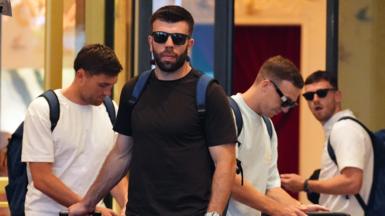 Scotland players John Souttar, Grant Hanley, Lewis Ferguson and Andy Robertson leave the team hotel