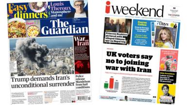 A composite of the front pages of the Guardian and the i Paper on 7 March 2026.