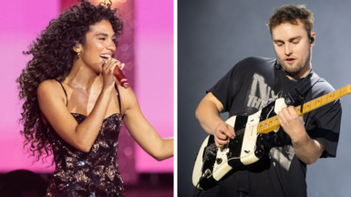 Picture of Olivia Dean on the left set against a pink backdrop, performing in a sparkly black dress with a composite of Sam Fender to the right in a black t-shirt with a black and white striped guitar.