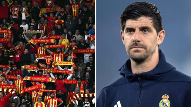 A split image showing fans of Le Mans FC alongside Real Madrid goalkeeper Thibaut Courtois