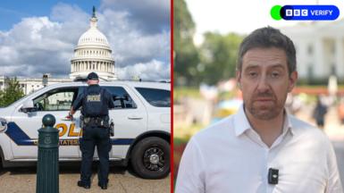 A split screen. On the left, a US Capitol police officer stands in front of a police car, with the Capitol Building watching over him, before a cloudy sky. On the right, BBC Correspondent Nick Beake in front of the White House. 