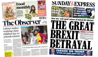 The front covers of today's Observer (left) and Sunday Express (right)
