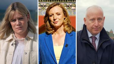Split screen of BBC correspondents Jean Mackenzie on the left, Laura Bicker in the middle, and Steve Rosenberg on the right