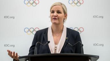 IOC president Kirsty Coventry giving a speech