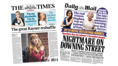 The headline for the Times reads "The great Rayner reshuffle". The headline for the Mail reads "Nightmare on Downing Street".