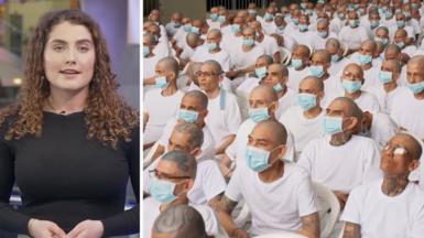 Splitscreen which shows reporter Mimi Swaby on the left and a picture of several men on trial in a prison