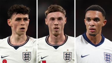 A composite shows headshots of three players wearing England kits while on-field - on the left Phil Foden, in the centre Cole Palmer and on the right Trent Alexander-Arnold.