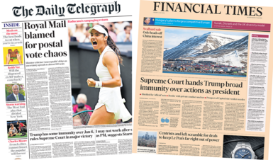 The headline in the Telegraph reads "Royal Mail blamed for postal vote chaos" while the headline in the Financial Times reads "Supreme Court hands Trump broad immunity over actions as president"