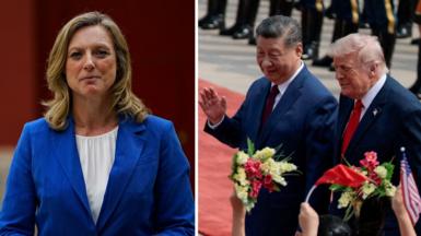 Split screen image - Laura Bicker (l) and Presidents Xi and Trump (r)