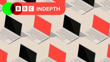 Illustration of computers with black and red screens